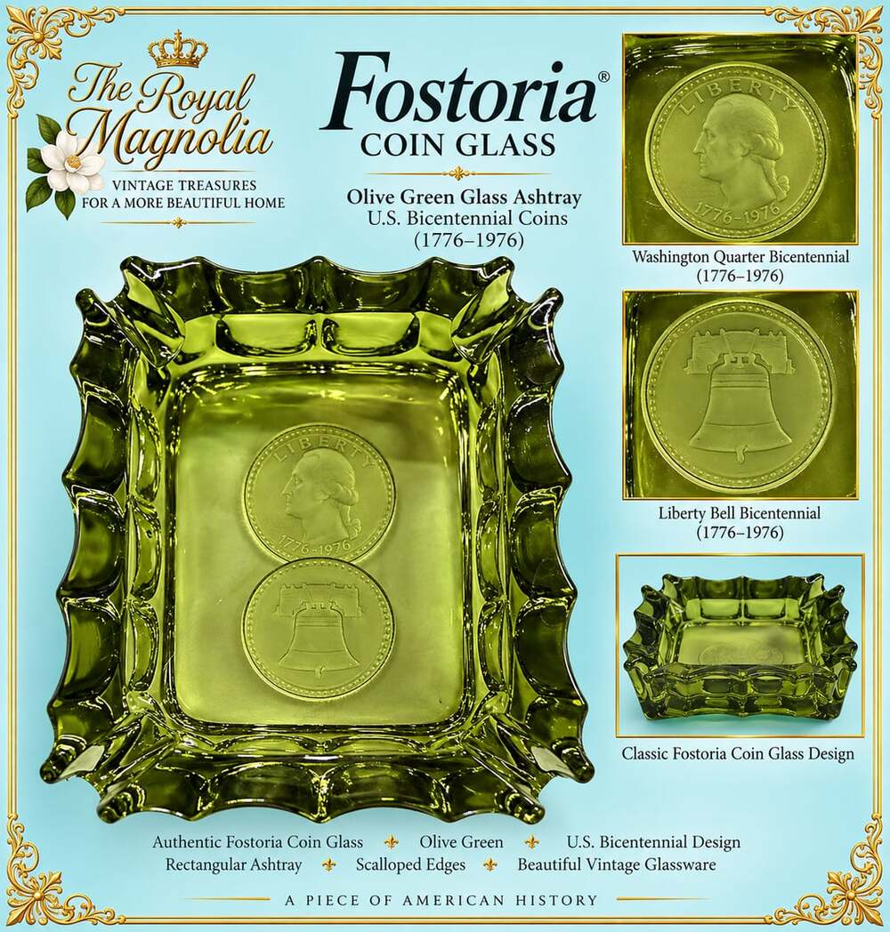Vintage Fostoria Coin Glass Olive Green Rectangular Ashtray U.S. Bicentennial
